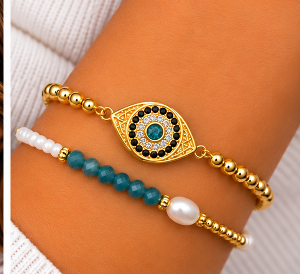 Blue Oval Eye Bracelet Set – 18K Gold Plated