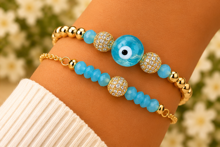 Turquoise Ceramic Evil Eye Circle Cubic Zirconia Bracelet