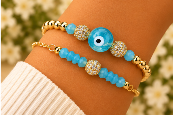 Turquoise Ceramic Evil Eye Circle Cubic Zirconia Bracelet – 18K Gold Plated