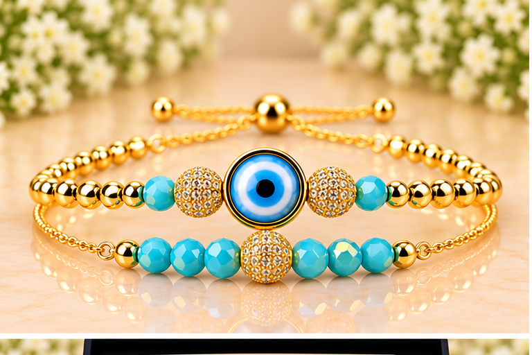 Turquoise Lampwork Evil Eye Cubic Zirconia Bracelet