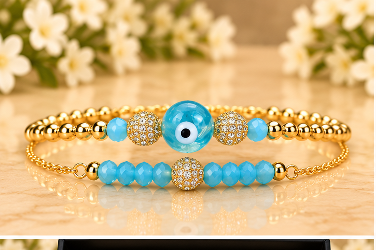 Turquoise Ceramic Evil Eye Circle Cubic Zirconia Bracelet
