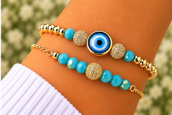 Turquoise Lampwork Evil Eye Cubic Zirconia Bracelet – 18K Gold Plated