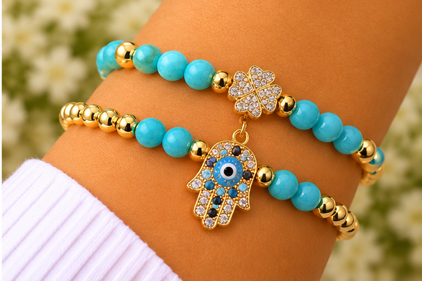 Turquoise Hamsa with Eye Cubic Zirconia Bracelet – 18K Gold Plated