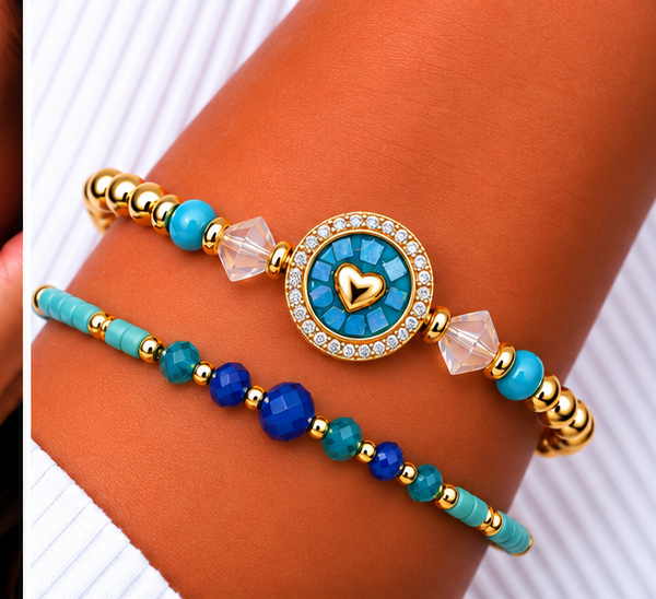 Circle, Shell and Heart Bracelet Set – 18K Gold Plated Turquoise