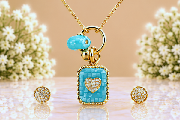 Turquoise Heart Necklace & Earring Set – 18K Gold Plated