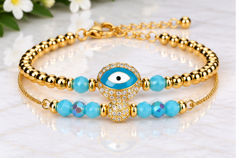 Zirconia Light Blue Pink Enamel Bracelet Set