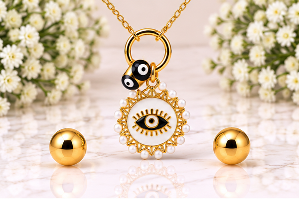 White Enamel Eye Necklace & Earring Set – 18K Gold Plated