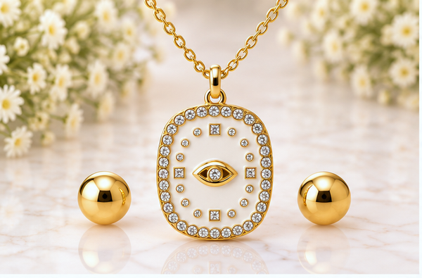 Enamel Eye Necklace & Earring Set – 18K Gold Plated White