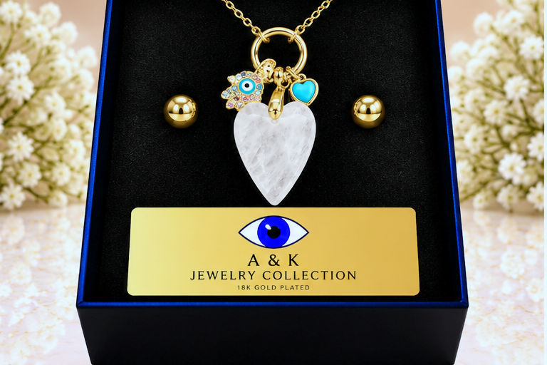 White Heart with Hand Necklace & Earring Set