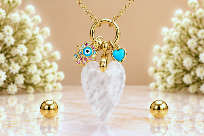White Heart with Hand Necklace & Earring Set
