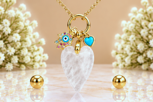 White Heart with Hand Necklace & Earring Set – 18K Gold Plated