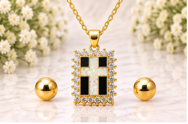 Zirconia Cross Necklace Set – 18K Gold Plated White